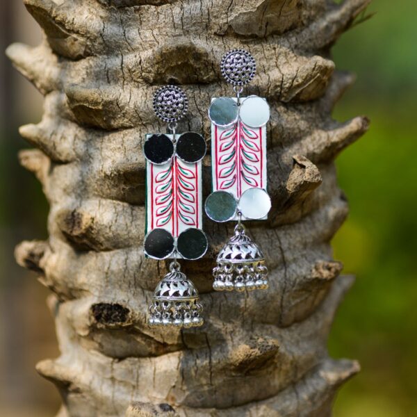 Oxidised silver-tone pink enamel jhumka earrings