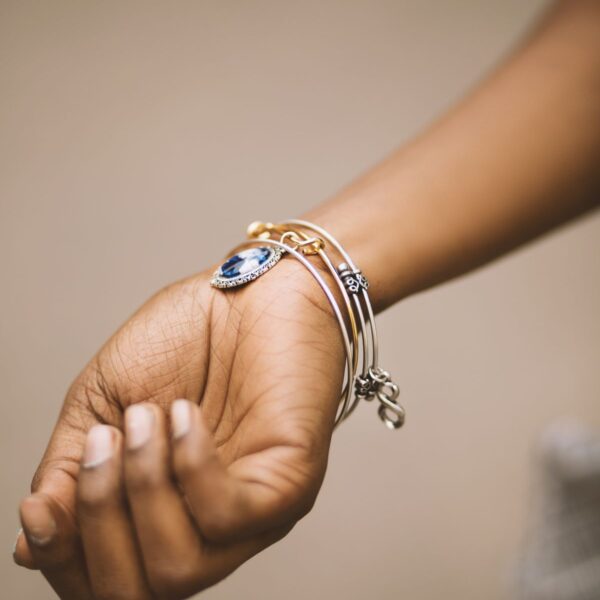 Silver-tone evil eye bangle stack