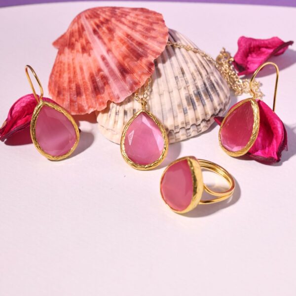 Pink teardrop stone earrings and ring set