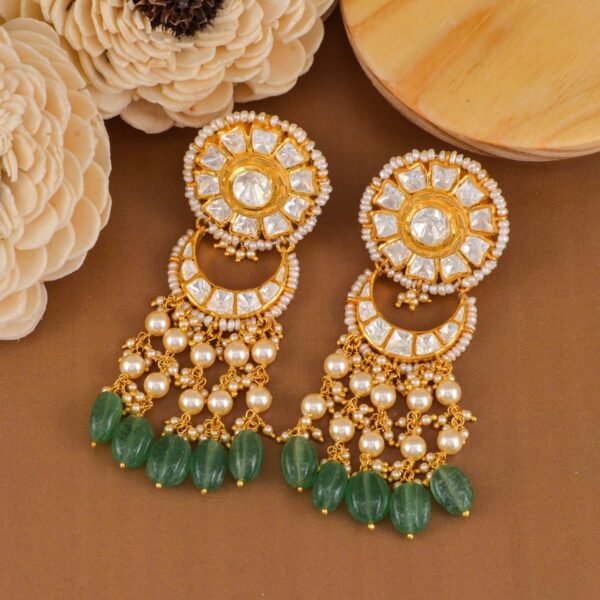 Gold-tone kundan-style chandbali earrings with green beads