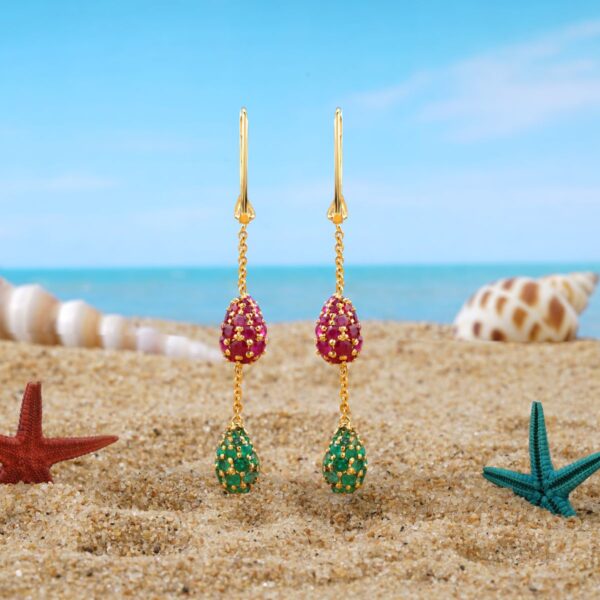 Red and green stone long drop earrings