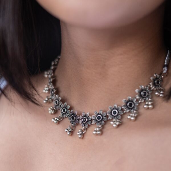 Oxidised silver-tone floral choker