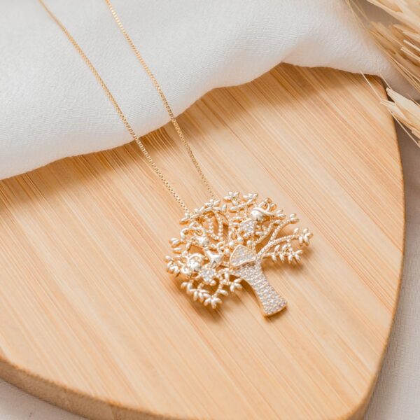 Gold-tone tree of life crystal pendant necklace