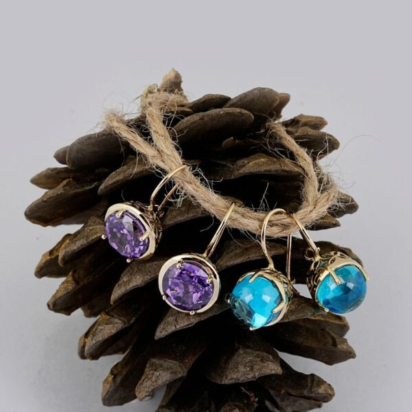 Round gemstone-look drop earrings in purple and turquoise