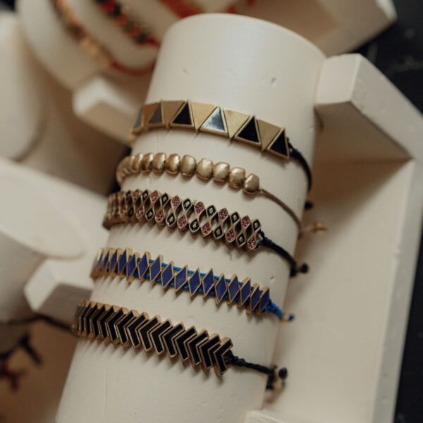 Blue and gold-tone enamel chevron bracelet set