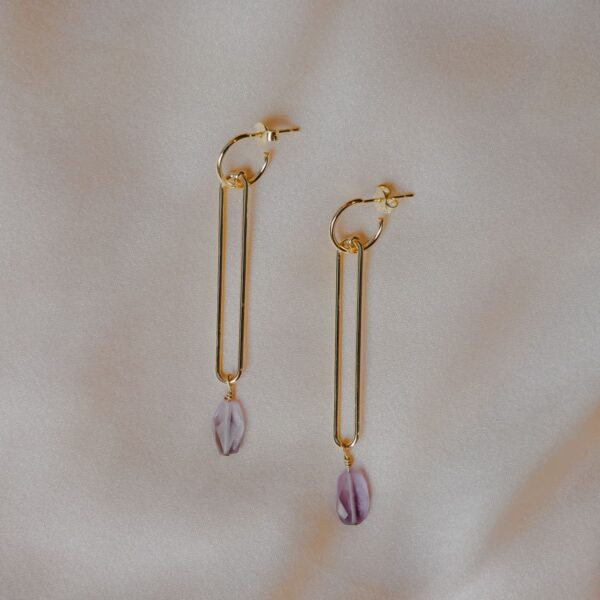 Gold-tone long bar earrings with purple bead