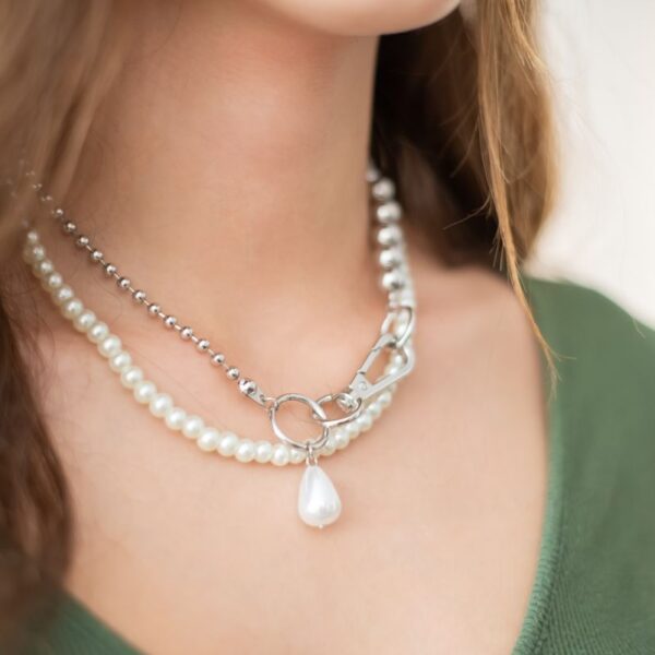 Layered pearl drop necklace in silver-tone